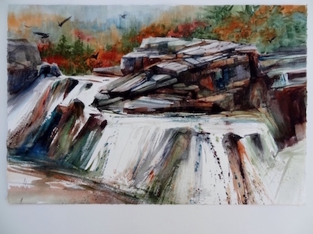 Kathleen Conover water media painting of falls on Yellow Dog River