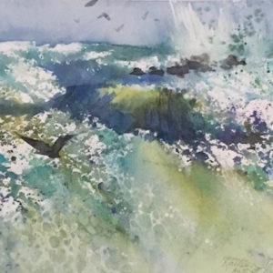 Kathleen Conover watercolor crashing waves against outlying rocks.