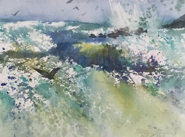Kathleen Conover watercolor crashing waves against outlying rocks.