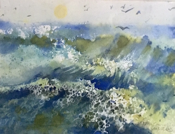 Kathleen Conover watercolor beautiful deep blue and sea greens get churned up when waves roll.