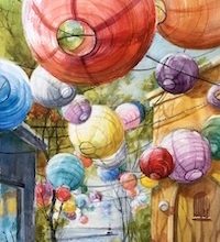 Kathleen Conover watercolor of big balloons in the Marquette Harbor Park.