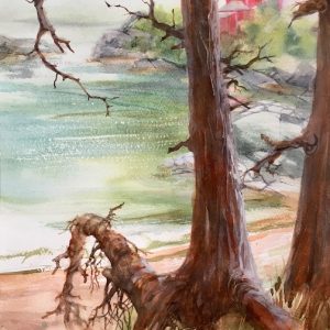 Kathleen Conover transparent watercolor looking through the trees at Marquette lighthouse.