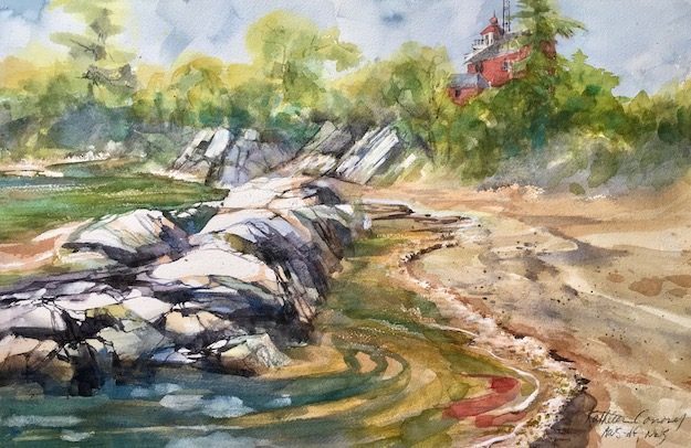 Kathleen Conover transparent watercolor Marquette Lighthouse sits above the water and rocky shoreline.