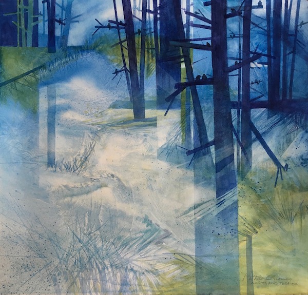 Kathleen Conover watercolor and acrylic abstract forest in late fall.