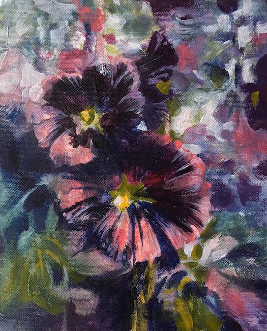 Kathleen Conover acrylic of deep purple and pink hollyhocks on canvas.