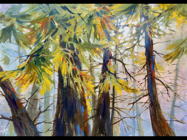 Kathleen Conover acrylic of twiggy, lower branches of trees in light filtered woods.