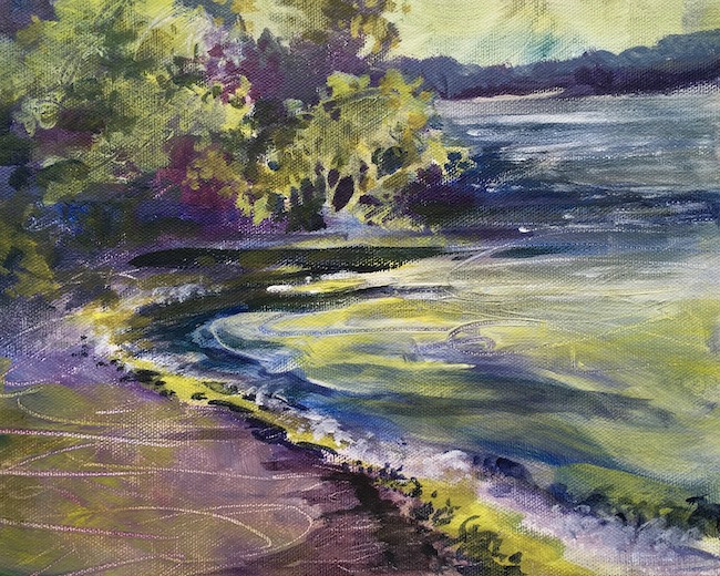 Kathleen Conover acrylic on primed canvas emerald colored shoreline of Lake Superior beach