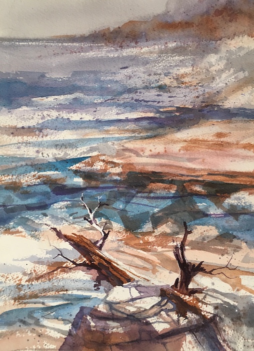 Kathleen Conover watercolor of Lake Superior rough beach scene