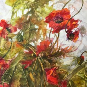 Katheen Conover watercolor and acrylic, red poppies in whimsical pose.
