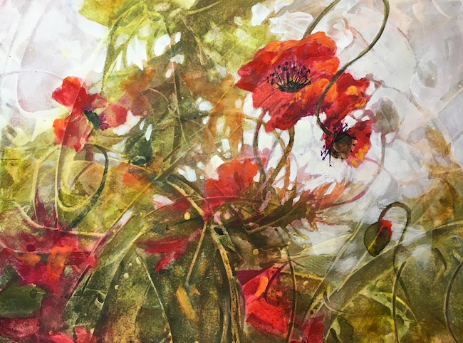 Katheen Conover watercolor and acrylic, red poppies in whimsical pose.